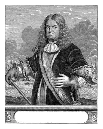 Photo for Portrait of Adriaen Banckert, Christiaan Hagen, c. 1663 - 1695 Portrait to the left of Adriaen Banckert. In his right hand he holds a command staff, in the background a sea of ships is depicted. - Royalty Free Image