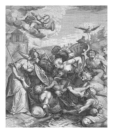 Téléchargez les photos : Minerve protège le berger Syphilis, Pieter Perret, d'après Otto van Veen, c. 1575 - c. 1625 Représentation allégorique avec Minerve protégeant le berger Syphilis. - en image libre de droit