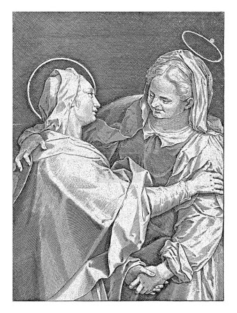 Foto de Visita, Karel van Mallery, 1626 - 1676 Encuentro de María e Isabel. Se dan la mano y se abrazan. Debajo de la representación dos líneas en latín. - Imagen libre de derechos