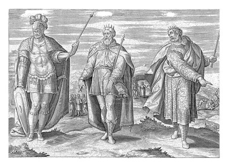 Photo for Rehoboam, Abiam and Asa, Jan Snellinck (I) (attributed to), 1643 The kings Rechabeam, with shield and sceptre, Abiam, with scepter in hand, and Asa, also with sceptre. - Royalty Free Image