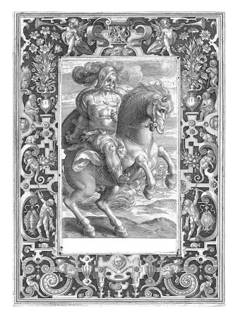 Téléchargez les photos : Jules César à cheval dans le cadre avec des ornements, Nicolaes de Bruyn, 1581 - 1656 Héros de l'Antiquité classique Jules César à cheval. - en image libre de droit