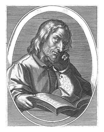 Photo for Athias, Cornelis Galle (I), after Jan van der Straet, 1613 The prophet Athias musing over a book, in oval with Latin inscription. - Royalty Free Image