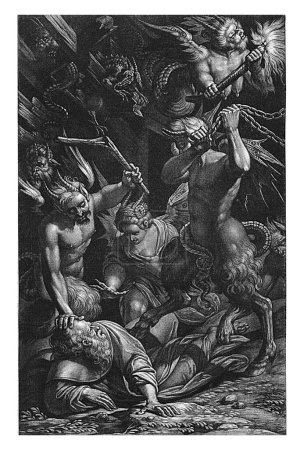 Foto de Tentación de San Antonio, Abraham Bloteling, después de Camillo Procaccini, 1665 - 1690 San Antonio yace en el suelo y es sostenido por un sátiro. - Imagen libre de derechos
