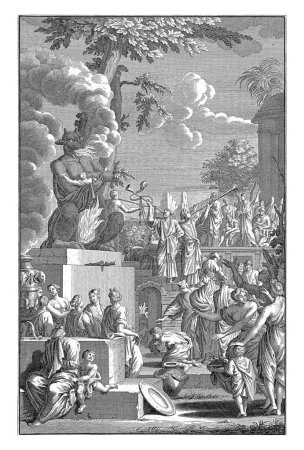Foto de Ídolo Moloch recibe sacrificios humanos, Jan Lamsvelt, después de P. Goeree, 1684 - 1743 Representación bíblica del Antiguo Testamento. - Imagen libre de derechos