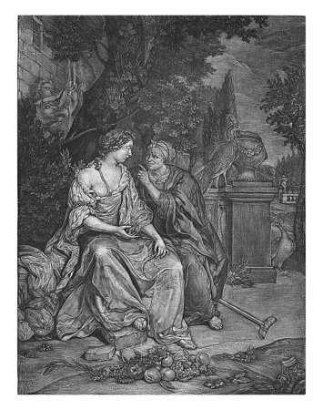 Foto de Vertumnus y Pomona, Jan Brouwer, después de Thomas van der Wilt, 1688 Vertumnus, el dios italiano y protector de los jardines y huertos, y Pomona se sientan en un banco debajo de un árbol. - Imagen libre de derechos