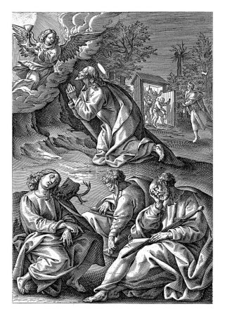 Foto de Cristo en el Huerto de Getsemaní, Antonie Wierix (II), después de Maerten de Vos, 1583 - 1587 Cristo ora en el Huerto de Getsemaní. Del cielo aparece un ángel con un cáliz. - Imagen libre de derechos