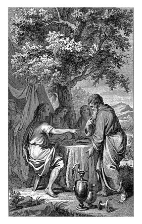 Foto de Abraham y los tres ángeles, Reinier Vinkeles (I), después de Jacobus Buys, 1797 Los tres ángeles visitan a Abraham y les trae comida a la mesa. - Imagen libre de derechos
