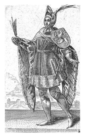 Foto de Retrato de Dirk IV, conde de Holanda, Adriaen Matham, 1620 Retrato de Dirk IV, conde de Holanda, de pie a la izquierda en armadura con el escudo de armas de Holanda en el hombro y una flecha en la mano. - Imagen libre de derechos