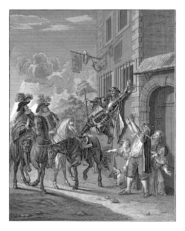 Téléchargez les photos : Don Quichotte pendu à un bar d'auberge, Jacob van der Schley, d'après Charles-Antoine Coypel, 1742 Don Quichotte, de son cheval, s'est agrippé d'une main à un bar d'auberge. - en image libre de droit
