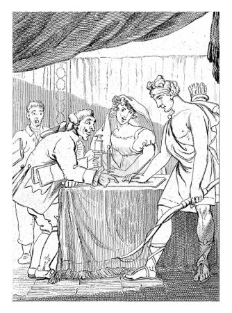 Foto de Matrimonio entre Apolo y una joven dama, Daniel Veelwaard (I), después de Jacob Smies, 1833 En un interior, un hombre señala con el dedo una hoja de papel sobre la mesa frente a él. - Imagen libre de derechos