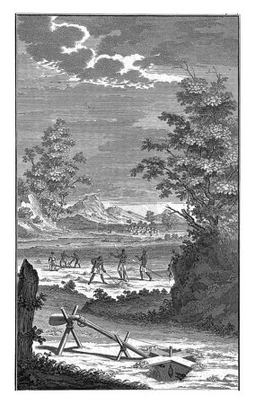 Téléchargez les photos : Khoi sur la chasse à la taupe, Jan Caspar Philips, 1727 Paysage avec Khoi sur la chasse à la taupe, creuser des trous dans le sol. - en image libre de droit