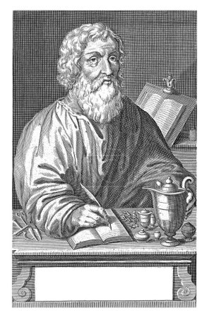 Photo for Portrait of Hippocrates of Kos, Pieter Philippe, 1635 - 1702 The Greek physician Hippocrates of Kos in his study, with a feather writing in a book. On the table are some medical instruments. - Royalty Free Image