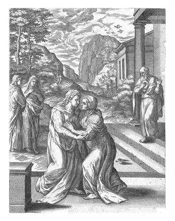 Foto de Visita, Hans Collaert (I), después de Crispijn van den Broeck, 1576 Visita de María a su prima Elisabet. Los dos se abrazan. Zacharias está detrás de ellos en una escalera. - Imagen libre de derechos