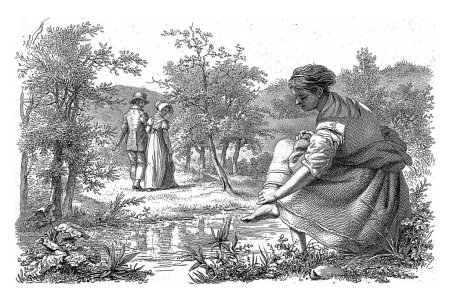 Photo for Couple walking and a girl washing her feet, Jacob Ernst Marcus, 1813 A tree-filled landscape in which a walking couple looks back at a girl who washes her feet by a stream. - Royalty Free Image
