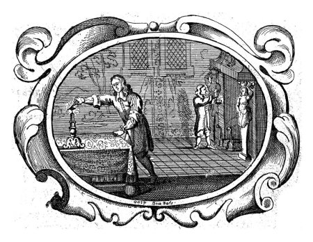 Foto de Adversity Gives Light in the Darkness, Gaspar Bouttats, 1679 Página de un libro (p.47) con texto en verso. En un cartucho ovalado el interior de una habitación. - Imagen libre de derechos