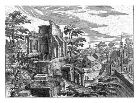 Foto de Paisaje con ruinas de un templo, Adriaen Collaert, después de Hendrick van Cleve, 1587 En primer plano un caminante con tres perros pasa las ruinas de un templo redondo. - Imagen libre de derechos