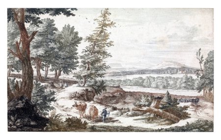 Foto de Paisaje con burros en una carretera, Willem Swidde, 1671 - 1697 En un paisaje arbolado, un viajero camina por una carretera con dos mulas. A la derecha un carro. - Imagen libre de derechos