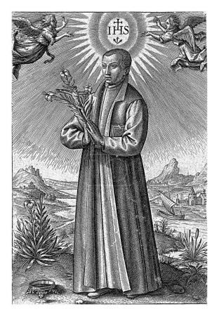 Téléchargez les photos : Aloysius Gonzaga dans un paysage, Hieronymus Wierix, 1607 Le jésuite Aloysius Gonzaga, avec des lis et un crucifix dans ses mains. A ses pieds, une couronne couchée à l'envers sur le sol. - en image libre de droit