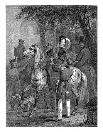 Photo for The togtje after Ter Ledesteyn, Dirk Jurriaan Sluyter, after Reinier Craeyvanger, 1838 A man in a military uniform helps a lady on a horse. Behind her some men on horseback and a dog. - Royalty Free Image