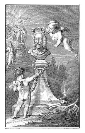 Foto de Representación alegórica con busto de Sybrand Feitama, Reinier Vinkeles (I), después de Jacobus Buys, 1773 Dos putto laureles el busto del artista Sybrand Feitama, que se encuentra en un zócalo. - Imagen libre de derechos