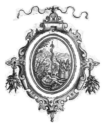 Foto de Moisés y la serpiente de cobre, Crispijn van de Passe (I), 1574 - 1637 Medallón con Moisés y la serpiente de cobre y una inscripción en latín. - Imagen libre de derechos