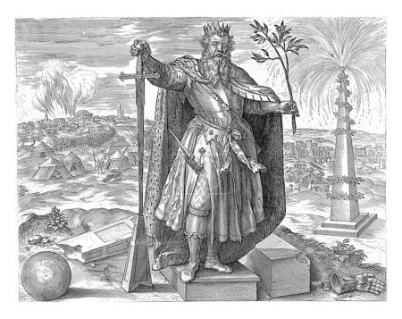 Téléchargez les photos : Un roi se tient sur une plate-forme de pierre, dans une main une épée, dans l'autre une branche d'olivier. A gauche en arrière-plan un camp de l'armée devant une ville en feu. - en image libre de droit