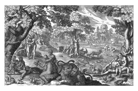 Foto de La Edad de Oro, Robert de Baudous, después de Antonio Tempesta, 1591 - antes de 1659 La Edad de Oro: Las personas y los animales viven felices en un entorno paradisíaco. - Imagen libre de derechos