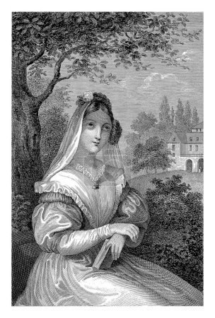 Téléchargez les photos : Dame avec voile et livre se trouve dans le jardin de la grande maison, Johannes Alexander Rudolf Best, 1807 - 1855 - en image libre de droit