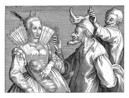 Téléchargez les photos : Jeune femme, tricherie, vieux mari, Crispijn van de Passe (I), d'après Jacques Bellange, 1574-1637 Un vieil homme en chemise de nuit offre une fleur à sa belle jeune femme. - en image libre de droit