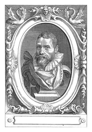 Téléchargez les photos : Portrait de Karel van Mander, Nicolaes Lastman, d'après Jan Saenredam, 1604 Buste sur piédestal du peintre et écrivain Karel van Mander. - en image libre de droit