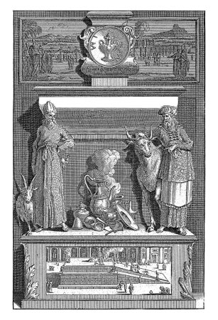 Foto de En el medio un pedestal con una representación de una ceremonia de ofrenda. En el pedestal dos sacerdotes hebreos a cada lado de una colección de cuencos de ofrenda. - Imagen libre de derechos