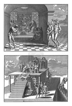 Foto de Penitencia y sacrificio de prisioneros a indios mexicanos, Bernard Picart (taller de), después de Bernard Picart, 1721 Hoja con dos representaciones de rituales mexicanos. - Imagen libre de derechos