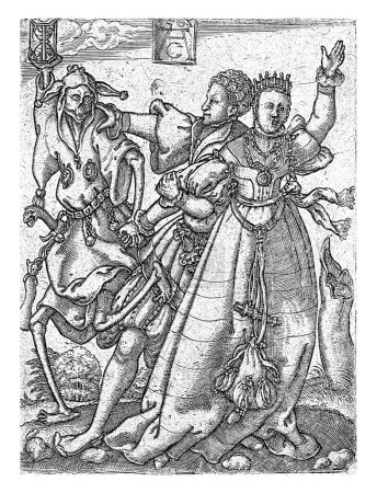 Foto de Pareja con la muerte, AC monogramista (siglo XVI), después de Tobías Stimmer, 1562 Impresión de una serie de siete. La muerte vestida de bufón es alejada por el hombre.. - Imagen libre de derechos