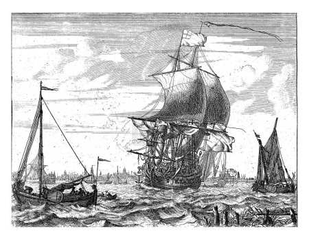 Foto de Vista del IJ con bote de remos, Frederik Ottens, después de Ludolf Bakhuysen, 1717 - 1770 Vista del IJ en Amsterdam. - Imagen libre de derechos