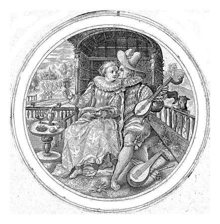 Foto de El hombre a la edad de veinte años, Crispijn van de Passe (I), 1574 - 1637 Pareja joven musical y amorosa bajo una pérgola. - Imagen libre de derechos