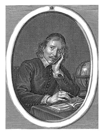 Foto de Retrato del profesor Caspar van den Ende, a la edad de 40 años. Se sienta en su estudio y dibuja con un par de brújulas. - Imagen libre de derechos