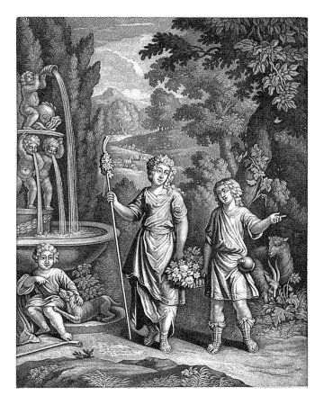 Foto de Coridon y Silvia, Pieter Schenk (I), después de Bernard Lens (II), 1670 - 1713 Coridon y Silvia caminan como una pareja pastoral hacia una fuente en un paisaje forestal montañoso. - Imagen libre de derechos