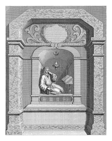 Foto de Retrato de Joannes Brandt, anónimo, Maria de Wilde, 1708 El predicador de Remonstrant Joannes Brandt se sienta en un nicho que está decorado como un estudio. - Imagen libre de derechos