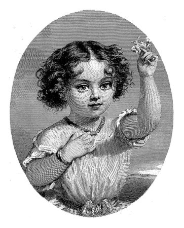 Téléchargez les photos : Fille avec une fleur, Willem Frederik Wehmeyer, d'après Nicolaas Pieneman, 1834-1854 Une petite fille tient une fleur. Elle porte un collier et un bracelet. - en image libre de droit