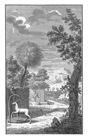 Téléchargez les photos : Paysage avec l'orignal de chasse Khoi, Jan Caspar Philips, 1727 Paysage avec un jardin dans lequel Khoi ont des cordes attachées aux poteaux pour attraper l'orignal. - en image libre de droit