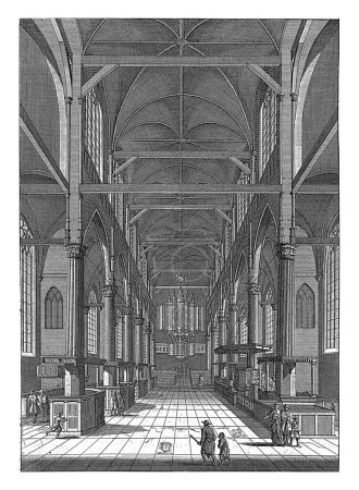 Téléchargez les photos : Intérieur de l'Oude Kerk à Amsterdam, vers l'ouest, Jan Goeree, 1680 - 1731 L'intérieur de l'Oude Kerk à Amsterdam avec vue sur l'orgue. Les ecclésiastiques au premier plan. - en image libre de droit