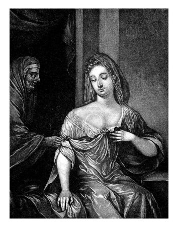 Téléchargez les photos : Une jeune femme reçoit une lettre d'un entremetteur, Pieter Schenk (I), 1670-1713 Une jeune femme, avec son sein à moitié nu, reçoit une lettre d'une vieille femme. - en image libre de droit