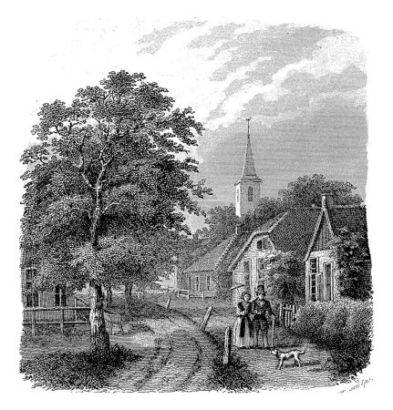 Foto de Pareja caminante, Willem Frederik Wehmeyer, 1834 - 1854 Una pareja camina codo con codo con el perro a través de un pueblo. Una torre de la iglesia se puede ver en la distancia. - Imagen libre de derechos