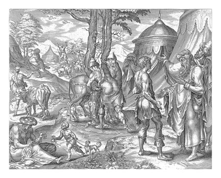 Foto de Jakob negocia con Labán, Harmen Jansz Muller, después de Maarten van Heemskerck, 1570 - 1612 A la derecha, Jakob negocia con su suegro Labán sobre su salario. - Imagen libre de derechos