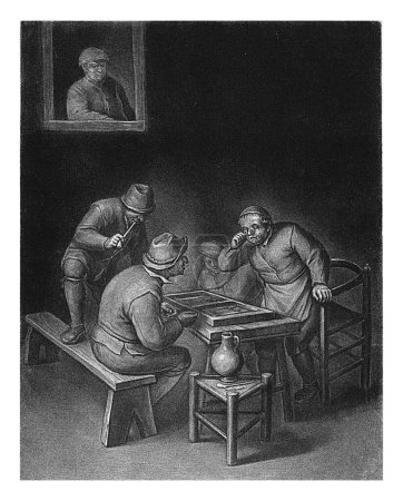 Téléchargez les photos : Inn with Trick-Trak Players, Jacob Gole, d'après Adriaen van Ostade, 1670-1724 Intérieur d'une auberge avec deux hommes jouant Trick-Trak et un troisième fumant une pipe et regardant. - en image libre de droit