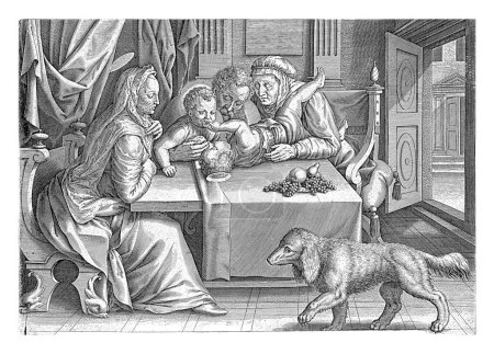 Photo for Holy Family with Elisabet and John the Baptist, Antonie Wierix (II), after Cornelis Cort, after Frans Floris (I), 1565 - before 1591 Mary, Joseph and Elisabet sitting at table in a room. - Royalty Free Image