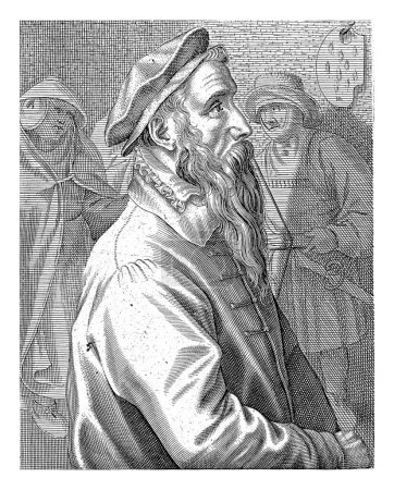 Photo for Portrait of Pieter Bruegel, Hendrick Hondius (I), 1610 Half-length portrait to the right of Pieter Bruegel. Below the portrait are name and eleven lines in Latin. - Royalty Free Image