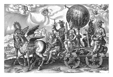 Triumphant Chariot of the World, Cornelis Cort, after Maarten van Heemskerck, 1564 Triumphal chariot with broken wheels, pulled by two winged horses.