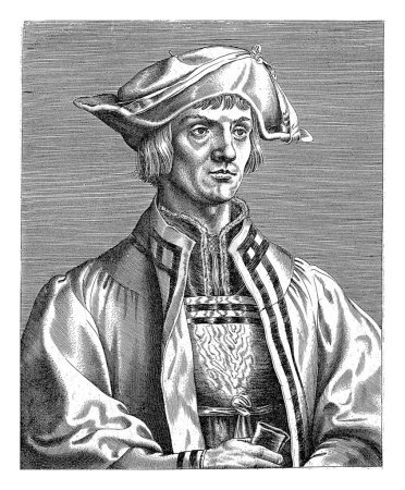 Foto de Retrato del pintor Lucas van Leyden, Johannes Wierix (atribuido a), después de Albrecht Durer, 1572 En el margen una leyenda de cinco líneas en latín. - Imagen libre de derechos