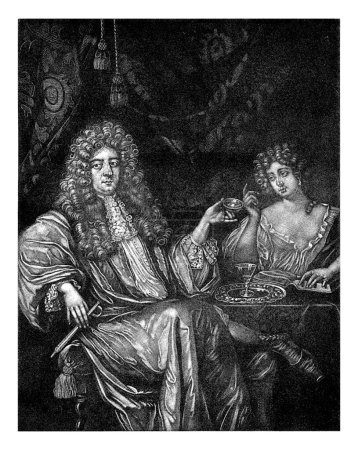 Foto de Retrato de un hombre con una prostituta, Pieter Schenk (I), según Ary de Vois, c. 1670 - c. 1713 Retrato de un hombre con una prostituta. En su mano tiene un plato de degustación de vino y una pipeta de vino. - Imagen libre de derechos